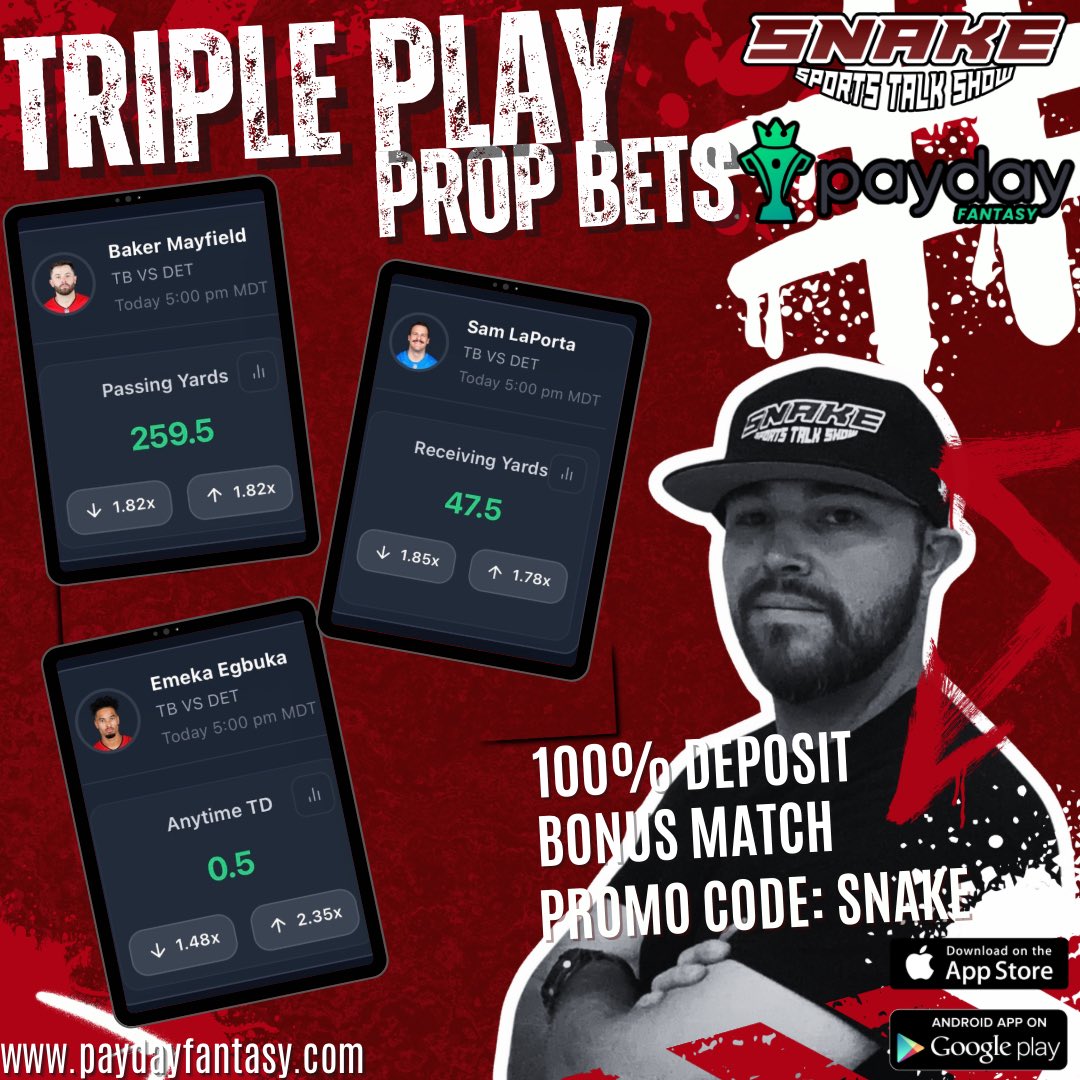 MNF - TB vs DET Triple Play Prop Bets

1. QB Baker Mayfield ⬆️ 259.5 Pass YDS
2. TE Sam LaPorta ⬆️ 47.5 Rec YDS
3. WR Emeka Egbuka ⬆️ 0.5 Anytime TD

Sign-up at <a href="/paydayfantasy/">Payday Fantasy</a> today and get in on the action all season long.  Get 100% deposit match bonus of $100 using Promo Code: