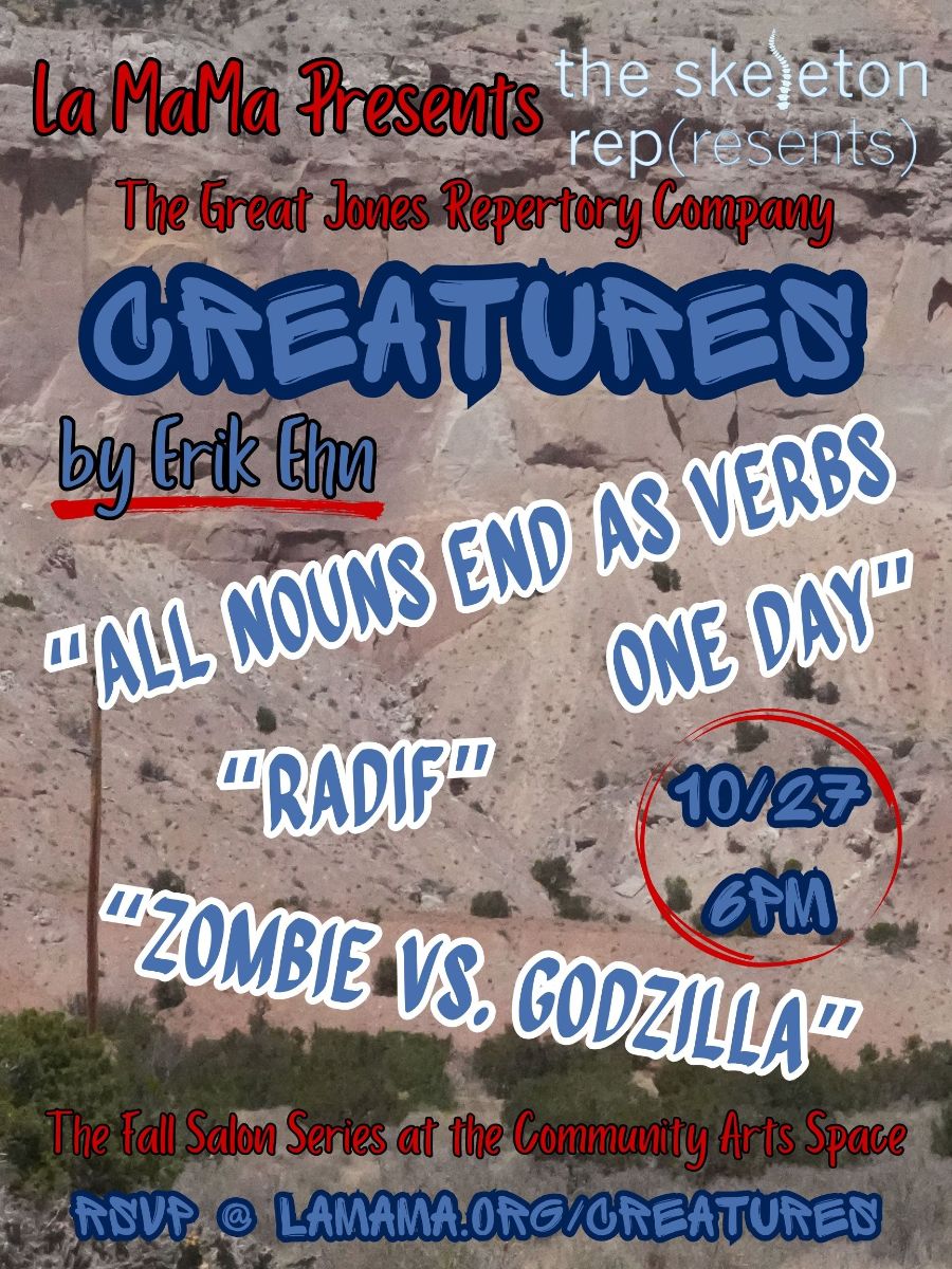 SkeletonRep's tweet image. 10/27 Salon Series @ La MaMa! - 3 Short Plays by Erik Ehn, featuring an ensemble of 12 and original music by Ben Freeman mailchi.mp/bba98f827191/1…