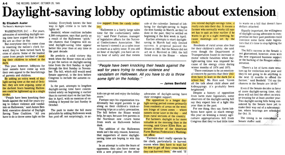 On this day in 1985, Big Candy lobbied to extend Daylight Saving Time from ending in October to ending in November, despite concerns for morning darkness dangers, to boost Halloween sales. #OTD