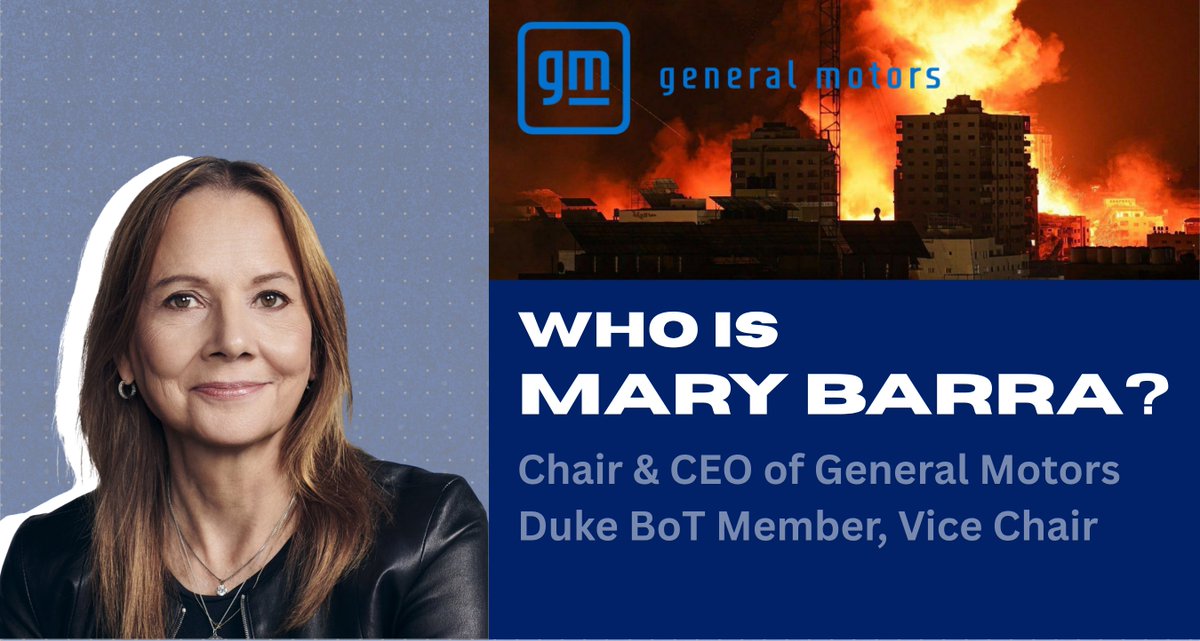dukeasjp's tweet photo. The Duke University Board of Trustees oversees finances and investments, but whose interests do they serve? Our Follow the Money Mondays series profiles a trustee every Monday from Oct 6–Nov 6. Today: Mary Barra, Chair &amp; CEO of General Motors, BoT member. https://t.co/yDCsbTvGd1 https://t.co/2WHM0x4jFo