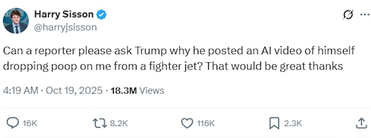 OsserBob's tweet image. I love seeing Leave it alone and Mikes Johnson answer the question.... Trump doesn&apos;t know what humour is

Someone should spray manure on the White House.... that way all the pigs will be happier than shit &amp;amp; then they will fly AWAY

#Trump #trumpai #pigscanfly #AIgeneratedvideo