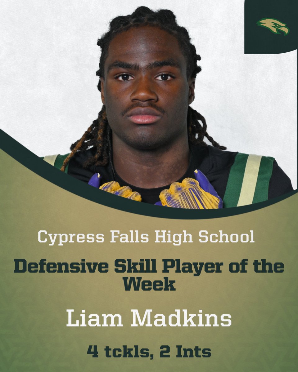 Congratulations to Liam Madkins. He is also our Defensive Skill Player of the Week against Jersey Village.