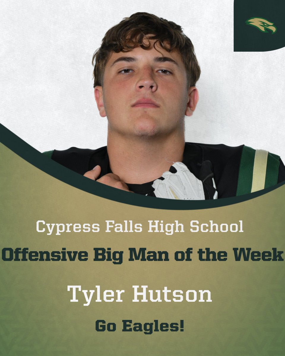 Congratulations to Tyler Hutson. He is also our Offensive Big Man of the Week against Jersey Village.