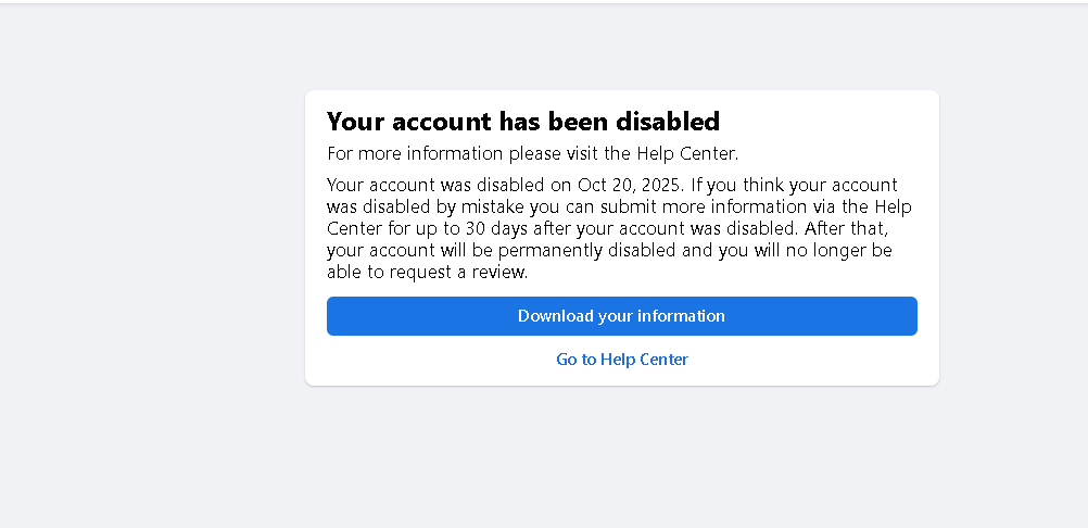 Bob_A1's tweet photo. But no way to appeal it? Really @Meta #FacebookDisabledMe https://t.co/AOFA3Q3wgt