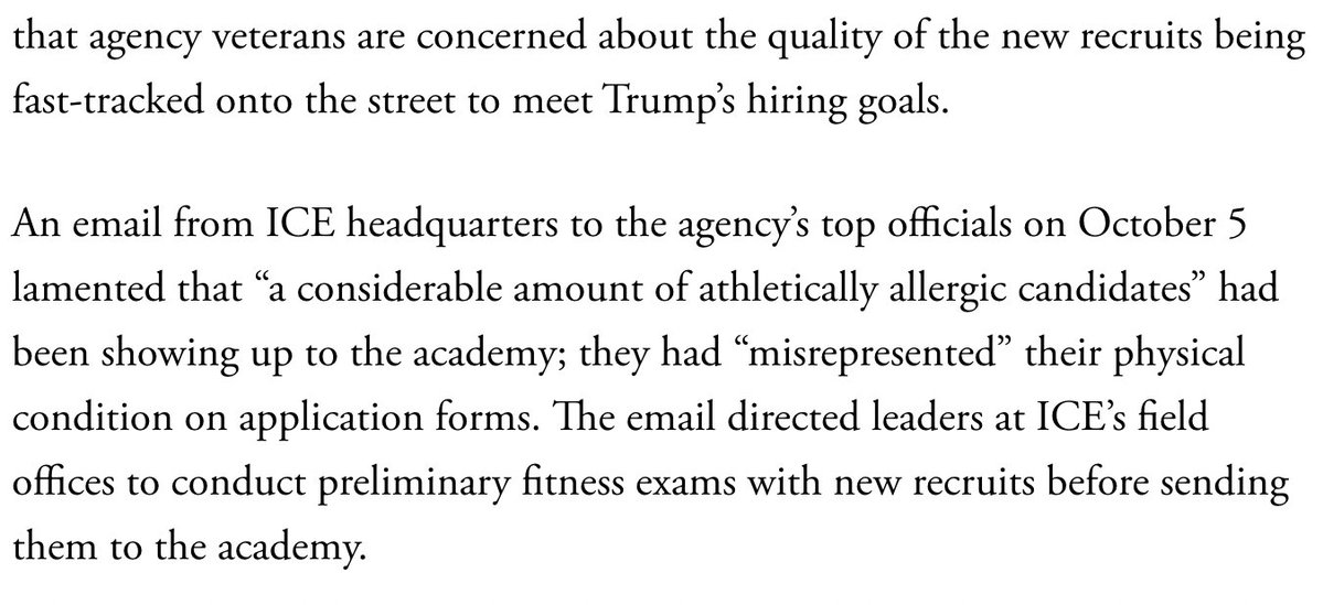 NEW: ICE expects non-LEO recruits to recruits do 15 push-ups, 32 sit-ups, and run 1.5 miles in 14 minutes. 

A third are failing the test, posing a major challenge to the agency's efforts to scale up.
