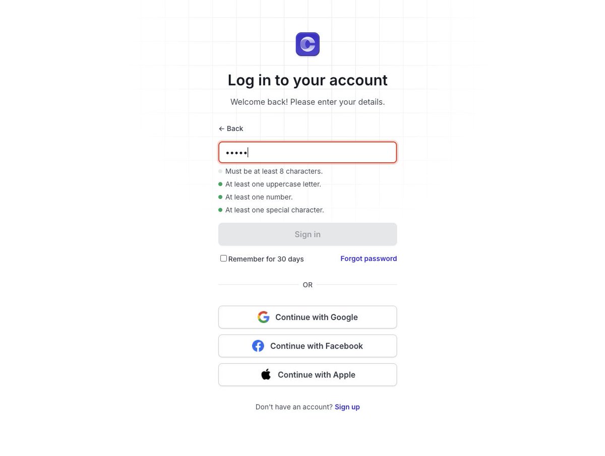Finally wrapped up the login + password flow for ClearPath.

Built in <a href="/bubble/">Bubble</a>, styled with Untitled UI, and kept it simple: email, OAuth, and a clean password validation experience.

Still early, but it’s starting to feel real.

P.S. Not a UI/UX designer - so all you talented
