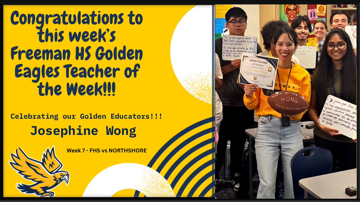 🔥Teacher of the Week: Josephine Wong! 🔥
LOTE legend. Language lifter. Culture builder.
Presented by the Freeman Golden Eagle Football Team 🦅💛From verbs to vibes, Ms. Wong brings the world to her classroom and pride to our campus.#GoldenEaglePride #LOTERising #TeacherOfTheWeek