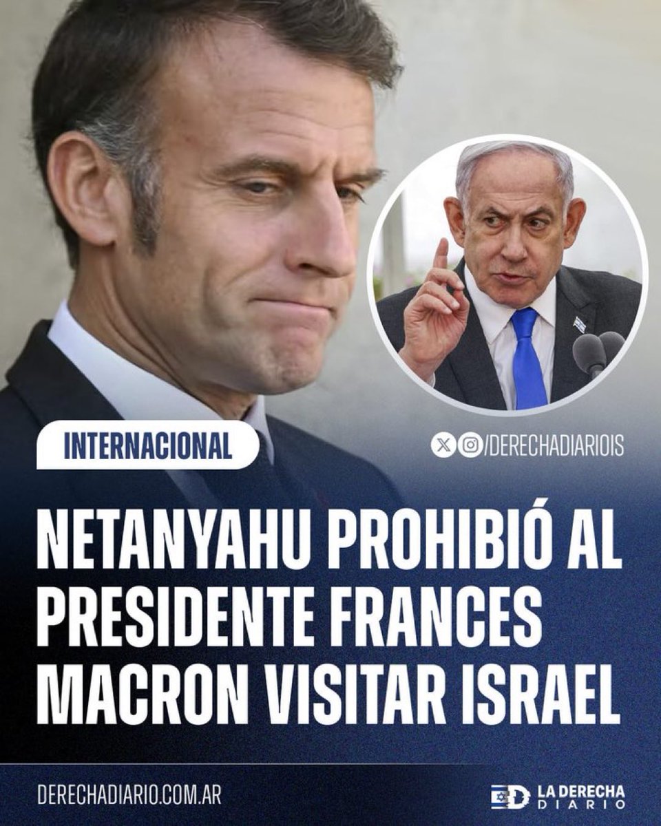 Luego de que el primer ministro Macron mostrara intenciones de viajar an Israel, Netanyahu respondió: "Si cambia de opinión acerca de reconocer un estado palestino, será bienvenido a visitar Israel".

Créditos: <a href="/DerechaDiarioIS/">La Derecha Diario Israel</a>