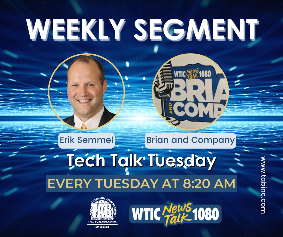 TABComputerSys's tweet image. Join @Erik Semmel and Brian Shactman from Brian &amp;amp; Company tomorrow at 8:20 AM for #TechTalkTuesday live on @WTIC News/Talk 1080. This weekly segment discusses the latest technology news.
#ITServiceProvider #radioshow #computertalkwithtab #technews