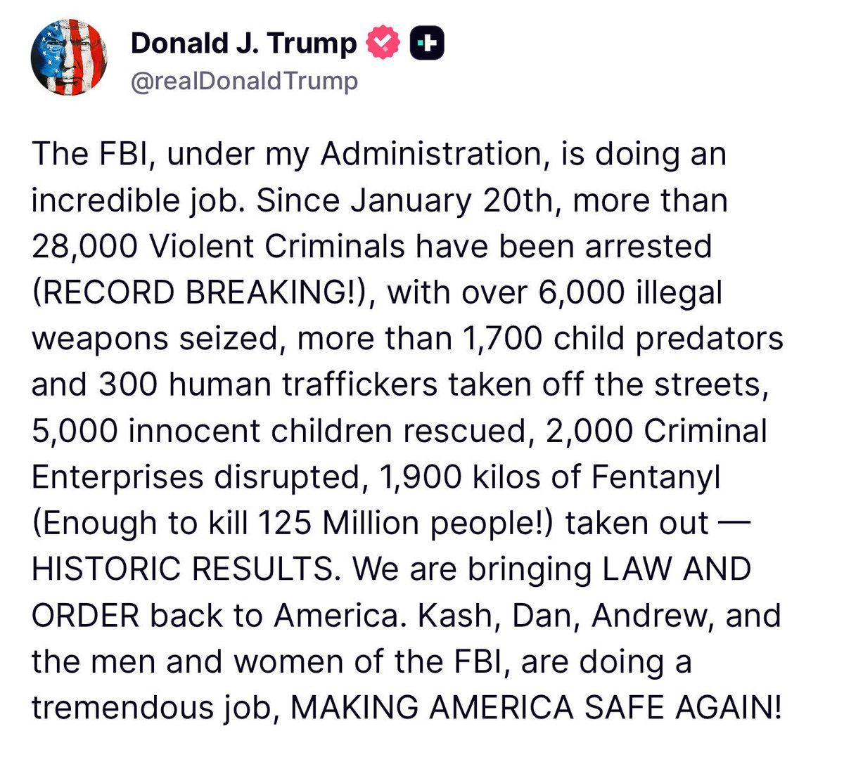 FBI Director Kash Patel (@fbidirectorkash) on Twitter photo Thank you for your leadership letting good cops be cops Mr. President - this FBI is working non stop to make America safe again. ๐บ๐ธ <a href="/realDonaldTrump/">Donald J. Trump</a> Thank you for your leadership letting good cops be cops Mr. President - this FBI is working non stop to make America safe again. ๐บ๐ธ <a href="/realDonaldTrump/">Donald J. Trump</a>