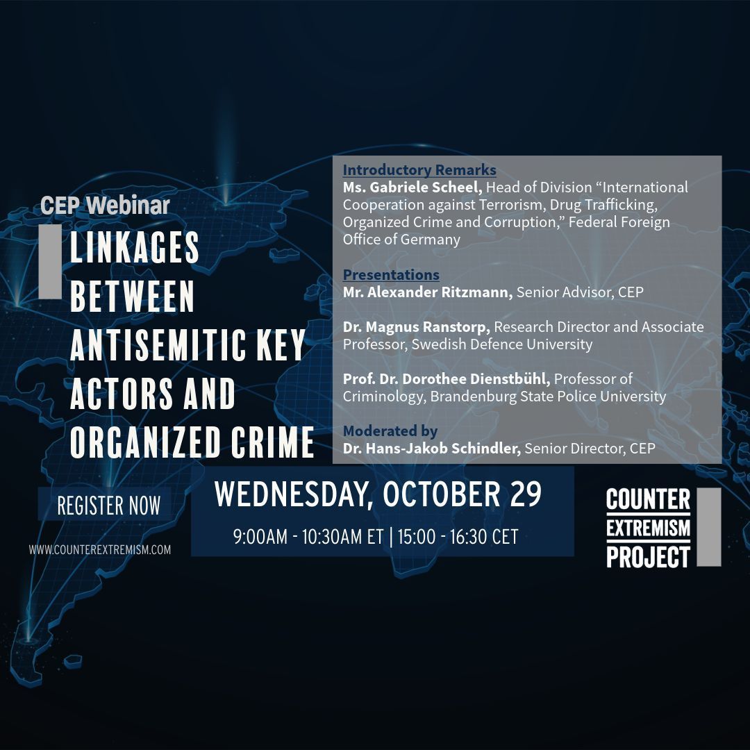 Upcoming CEP webinar brings together experts to analyze how antisemitic extremist groups utilize criminal structures &amp; illicit economies to finance their activities, access logistics, &amp; expand their influence. 
📲More info: counterextremism.com/press/cep-webi…
✍️RSVP: us02web.zoom.us/webinar/regist…