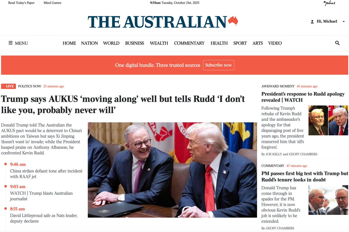 Albo Trump meet goes smoothly. $8.5 crit mins deal signed. Murdoch press runs 3 top stories on "I don't like you" Kevin Rudd 
#idontlikeyou
