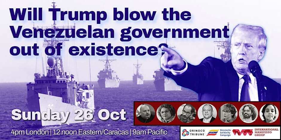 Don't forget! Join us this Sunday at 12pm EST for a crucial webinar.
Hear directly from Venezuelan voices on the ground about the latest US military threats.
Please help us spread the word!
