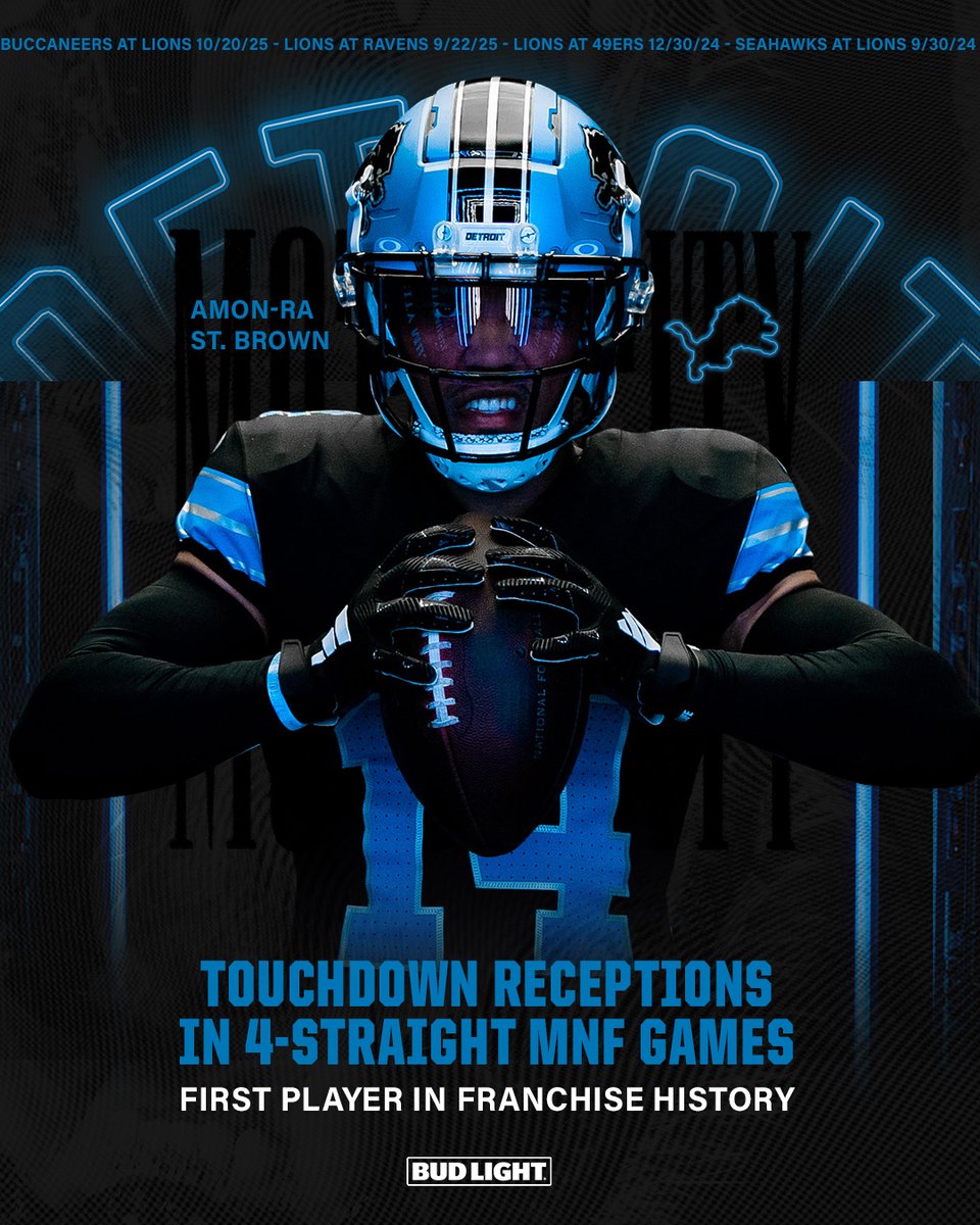 .<a href="/Lions/">Detroit Lions</a> WR <a href="/amonra_stbrown/">Amon-Ra</a> is the first player in franchise history to produce a TD reception in four-straight Monday Night Football games.

#OnePride