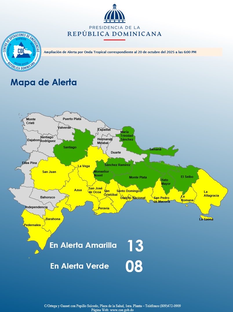 El COE aumenta 12 provincias y al Distrito Nacional en alerta amarilla y 08 en verde, debido a que se continúa dando un estricto seguimiento a una activa onda tropical asociado a un centro de baja presión localizada a varios cientos de kilometro al sur de Puerto Rico.