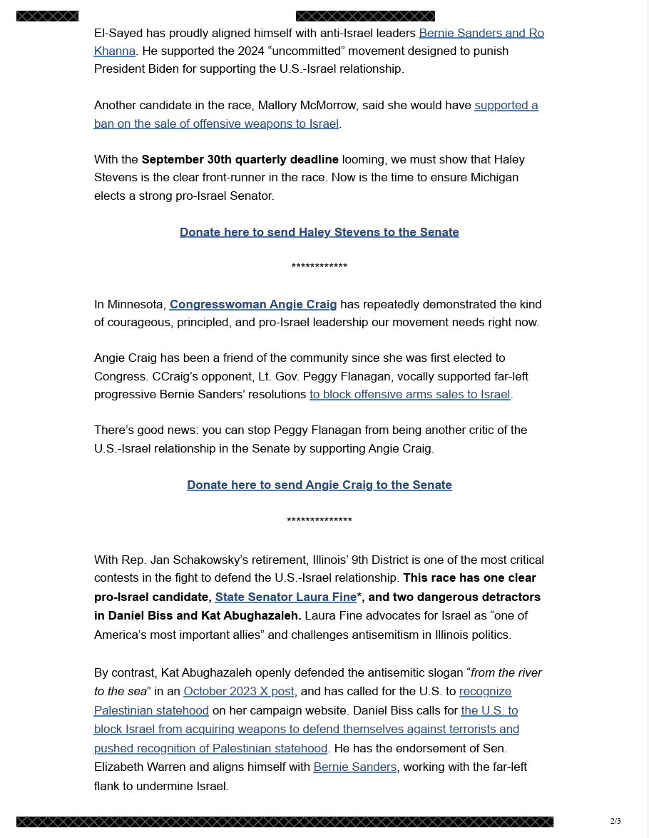 The second email on Sept. 15, also sent by AIPAC, encourages donations to Angie Craig in MN, Haley Stevens in MI and Laura Fine in IL-09

Links to all three of these candidates lead to the same "Pro-Israel Network" donation page using Democracy Engine as the vendor