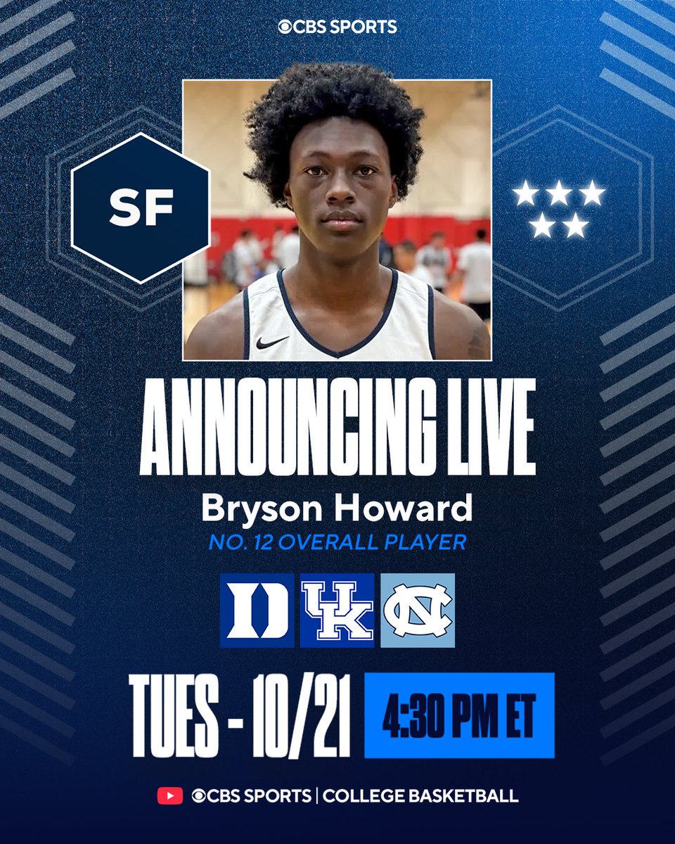 Brandon Jenkins (@bjenkins247) on Twitter photo 𝗡𝗘𝗪𝗦: Bryson Howard, the No. 12 overall recruit in the national 2026 class, will announce his college decision live on Tuesday, October 21st at 4:30 PM ET on the <a href="/CBSSportsCBB/">CBS Sports College Basketball 🏀</a> Channel.
𝗥𝗘𝗔𝗗 247sports.com/college/basket…
📺 youtube.com/live/kjTBm3Bcr… 𝗡𝗘𝗪𝗦: Bryson Howard, the No. 12 overall recruit in the national 2026 class, will announce his college decision live on Tuesday, October 21st at 4:30 PM ET on the <a href="/CBSSportsCBB/">CBS Sports College Basketball 🏀</a> Channel.
𝗥𝗘𝗔𝗗 247sports.com/college/basket…
📺 youtube.com/live/kjTBm3Bcr…