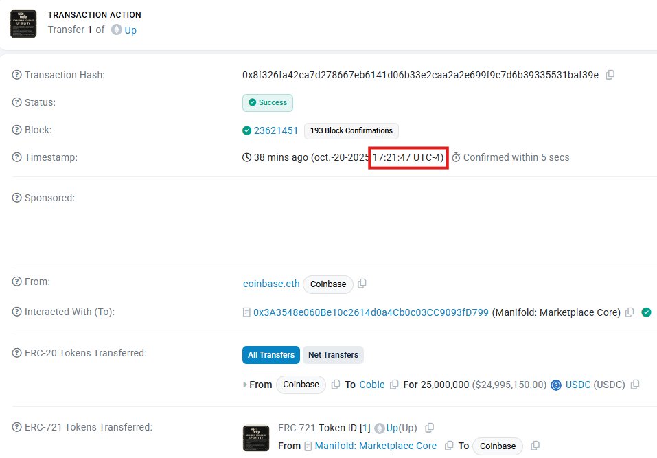SoloJayQ's tweet photo. These 5 wallets generated over $260k in just a few minutes by buying $UPONLY (on Sol) 1 minute after the $25M transfer from Coinbase to Cobie (17:21:47), and 2 minutes before Aggr News posted about it (17:24:50)

They accumulated the tokens between 17:22:20 and 17:24:29. (All timestamps are in UTC-4)

They most likely detected the transfer on-chain before anyone else did, congrats.