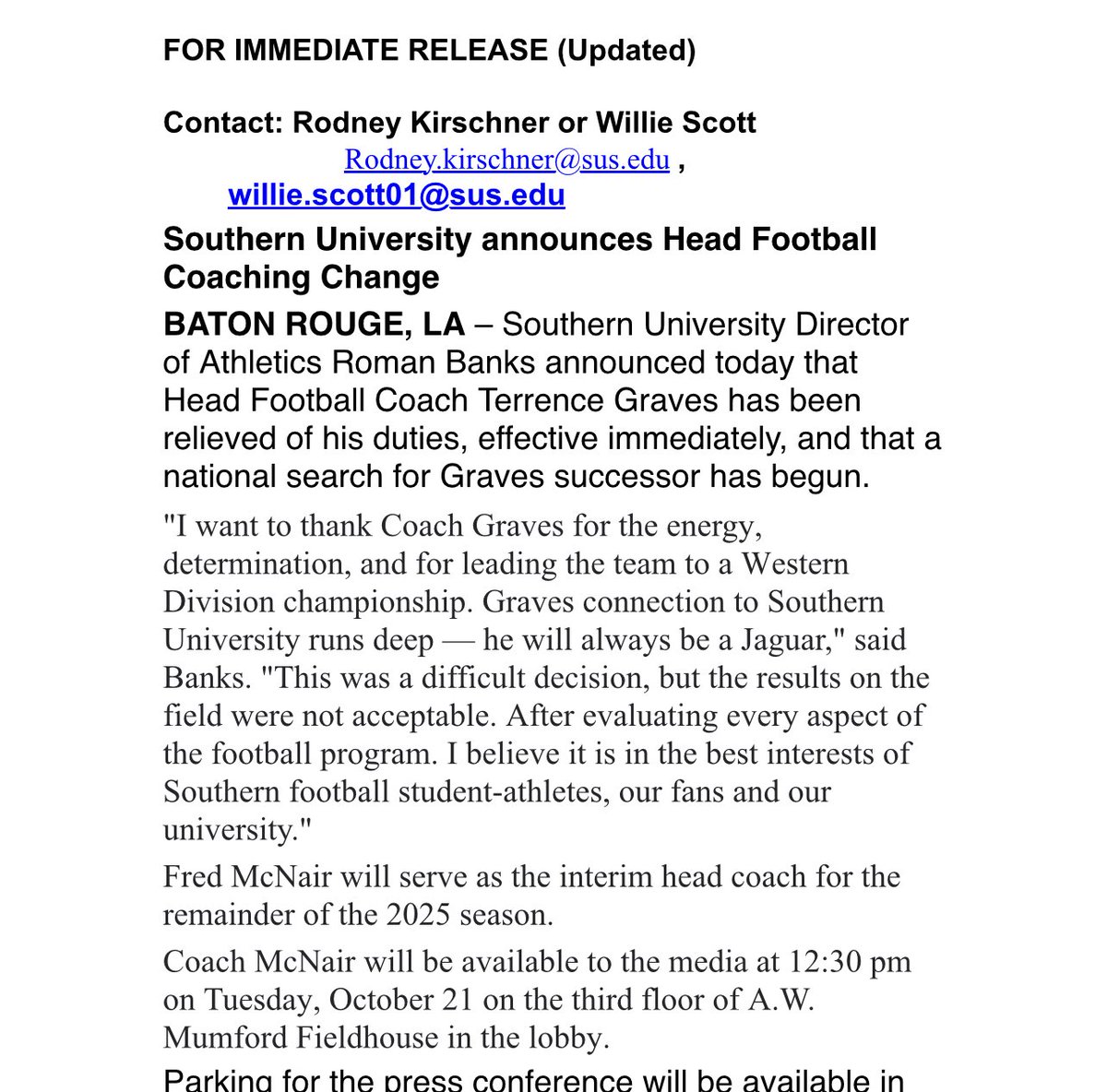 KBatisteJr's tweet image. #Southern has fired Terrence Graves. 

Fred McNair has been named interim head coach and will be available to the media tomorrow. @WAFB
