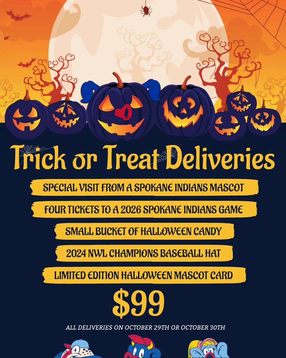 spokaneindians's tweet image. Trick or treat yo&apos; self this Halloween with a spooktacular delivery from your favorite Spokane Indians mascot! #GoSpo 

🎃 gofevo.com/event/Mascottr…