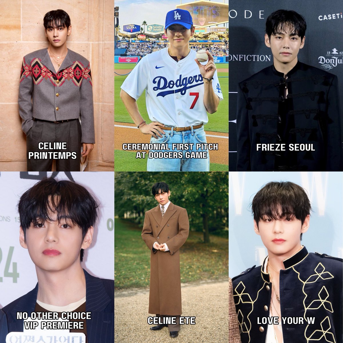 From Celine Printemps to throwing the first pitch at Dodger Stadium, attending Frieze Seoul and the VIP Premiere of No Other Choice, slaying PFW, and most recently commanding attention at Love Your W event....Taehyung has been everywhere, and he just keeps leveling up!