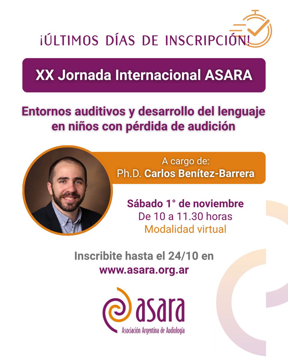 ✨ ¡Últimos días de inscripción!

👉 Hasta el 24 de octubre, tenés tiempo de anotarte para participar de nuestro evento anual más importante.

✍️ Hacelo acá: bit.ly/4o2Weo3

👍 Si pertenecés a ASARA, es una actividad sin cargo.

#audiología #audición
#fonoaudiología