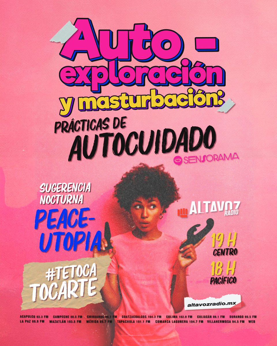 altavozmxradio's tweet image. Hoy en #Sensorama hablamos sobre la &quot;Autoexploración y masturbación: prácticas de autocuidado&quot; y el cómo tocarse y conocerse va más allá del placer, es una forma de salud e incluso  bienestar.

Explorar el propio cuerpo ayuda a reducir el estrés, fortalecer la autoestima y…