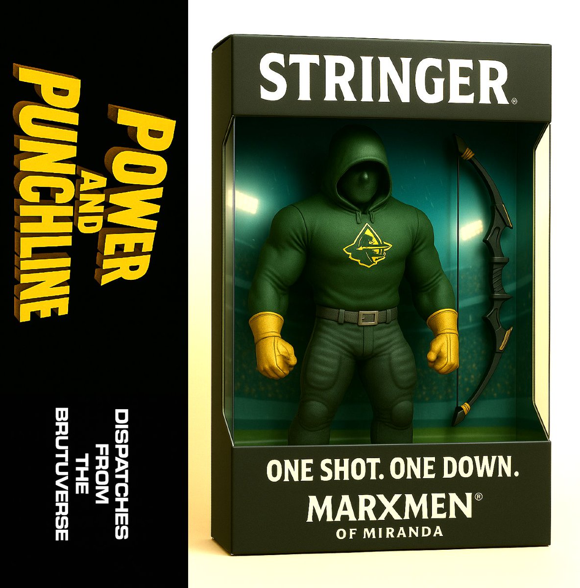 hailbrutus's tweet image. No shelf filler -- this is STRINGER. Heavy build. Sharp design. Working bow. Five arrows included. For boys and girls of all ages who bleed Marxmen green. Stock’s finite. Miss it, regret it.

#MarxmenOfMiranda 
#Stringer 
#OneShotOneDown 
#ActionFigure 
#BrutusNation 
#Brutuverse
