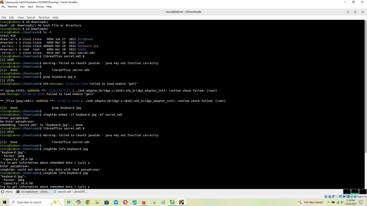 thatt_mike's tweet image. In this lab, I hid a document inside a JPEG image using steganography, making the secret file invisible to normal inspection. This exercise helped me understand how data can be concealed within ordinary files to evade detection.

#Cybersecurity #Steganography #DataHiding