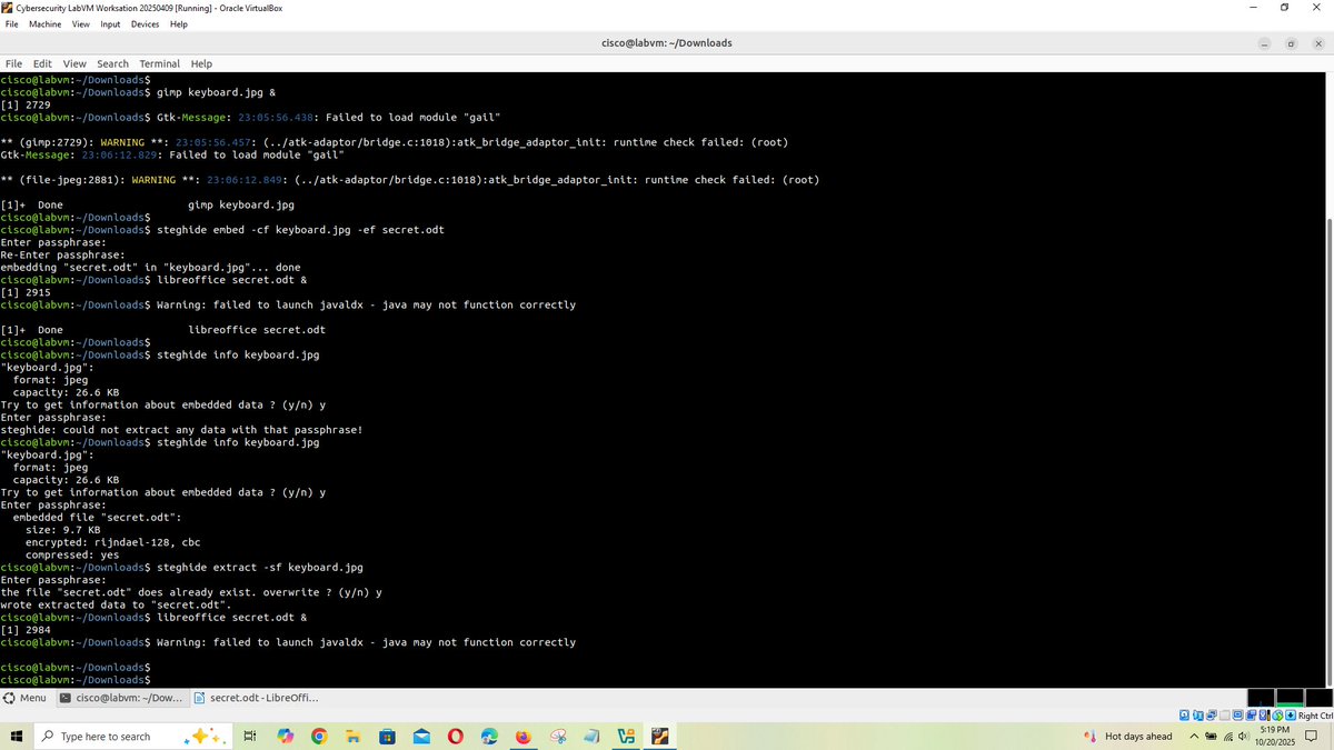 thatt_mike's tweet image. In this lab, I hid a document inside a JPEG image using steganography, making the secret file invisible to normal inspection. This exercise helped me understand how data can be concealed within ordinary files to evade detection.

#Cybersecurity #Steganography #DataHiding