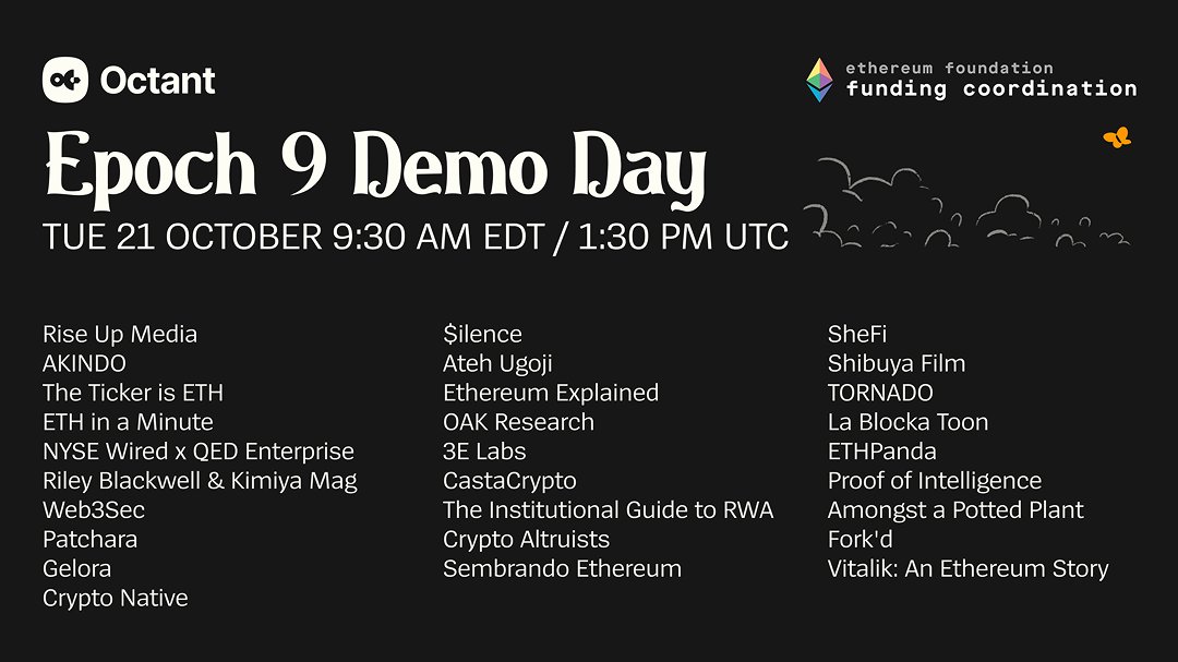 OctantApp's tweet image. Our 30 Epoch 9 creators will pitch their hearts out. This is your single best chance to hear from them before the allocation window closes.
Find the story that moves you. Find the creator you want to back. Be there. Your voice matters.
🕐 9:30 am EDT.
📅 Tomorrow (Tue 21).