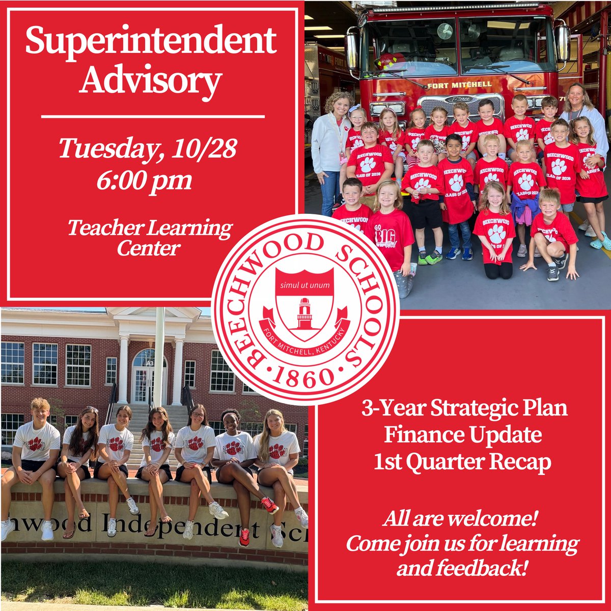 Join us for Mr. Kaiser's 2nd Superintendent Advisory evening on Tuesday, October 28th at 6:00 pm in the Teacher Learning Center.

Come hear the latest updates and share your feedback as we continue working together for our students, staff, and community!
