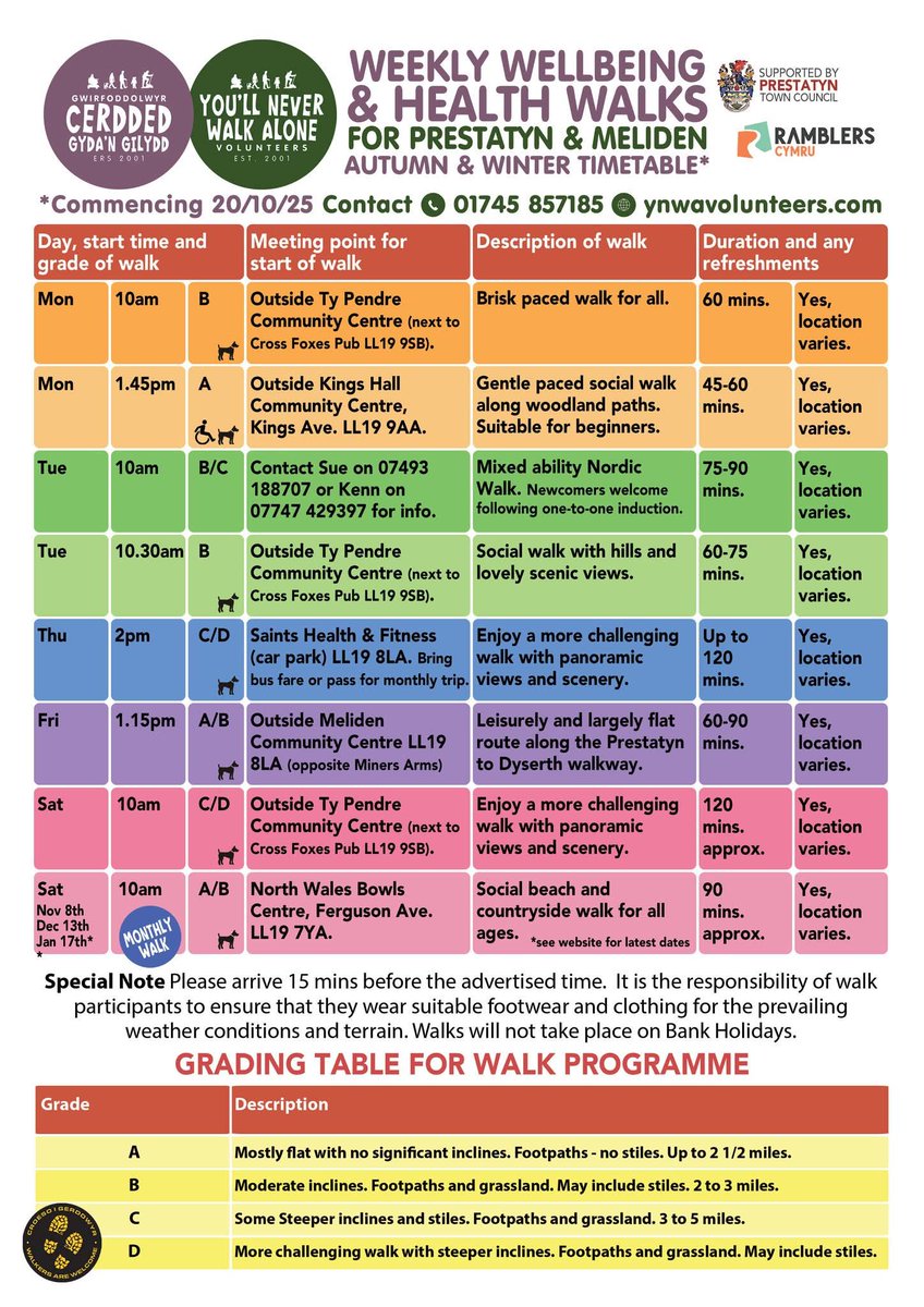 Here is our latest timetable, covering wellbeing walks in Prestatyn and Meliden for the Autumn/Winter 2025 season, and into 2026. Hope to have you joining us very soon. <a href="/RamblersCymru/">Ramblers Cymru 🏴󠁧󠁢󠁷󠁬󠁳󠁿</a> <a href="/PrestatynC/">Prestatyn and Meliden Town Council</a> <a href="/WalkersrWelcome/">Walkers are Welcome</a> <a href="/becky_gittins/">Becky Gittins MP</a>