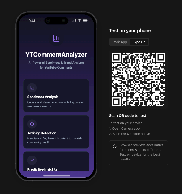 itsafiz's tweet image. I build a mobile app that analyzes YouTube comments and reveals the real sentiment behind the videos. 

I thought it&apos;s going to tough but @rork_app makes it easy to build mobile apps. 

Please let me know if you have any suggestions and feedback for the app. :)