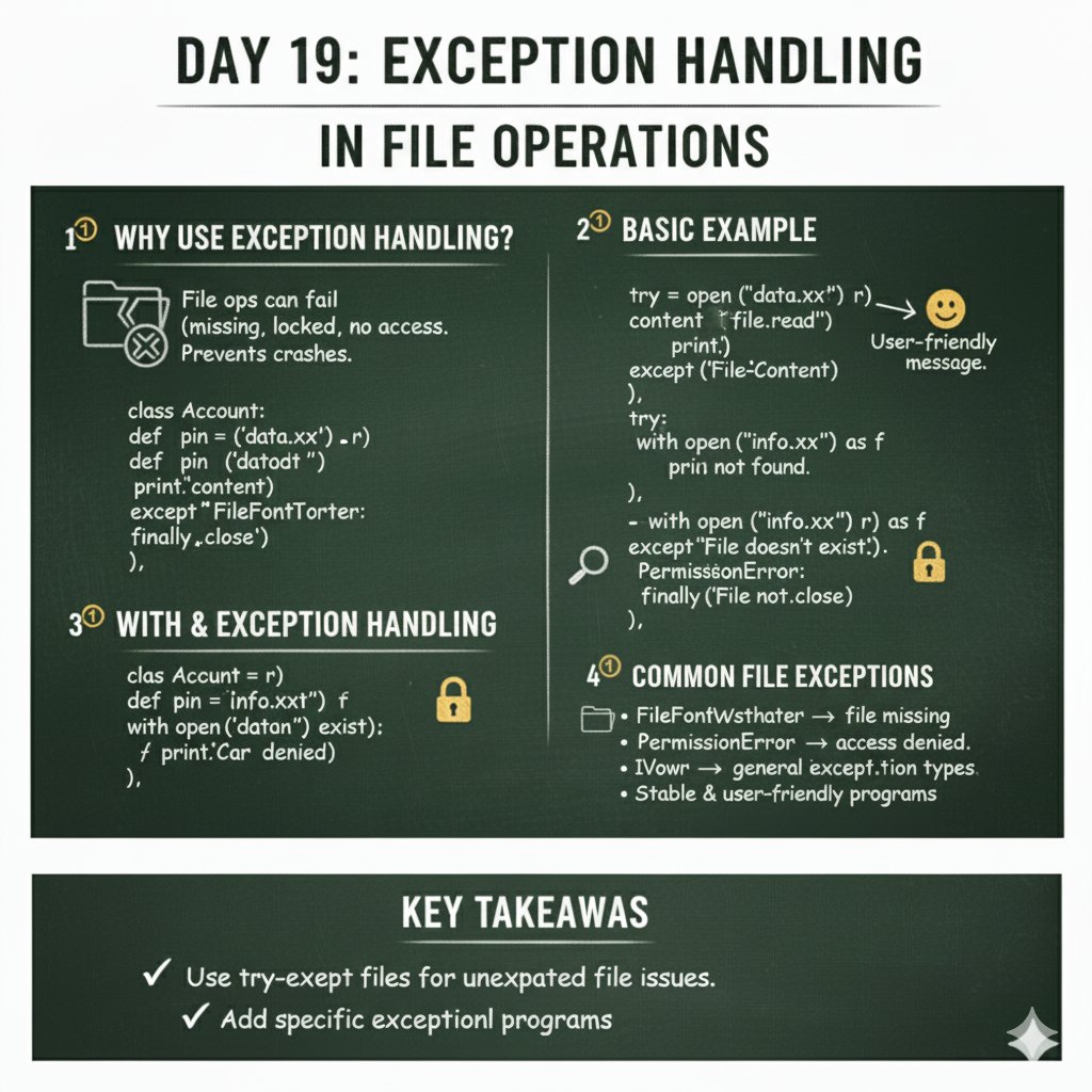 NivasChintu1's tweet image. Day 19 — Exception Handling in File Operations
Handle file-related errors safely with try-except blocks.
A reliable program doesn’t crash — it recovers.
#Python #LearnPython #100DaysOfCode #Programming