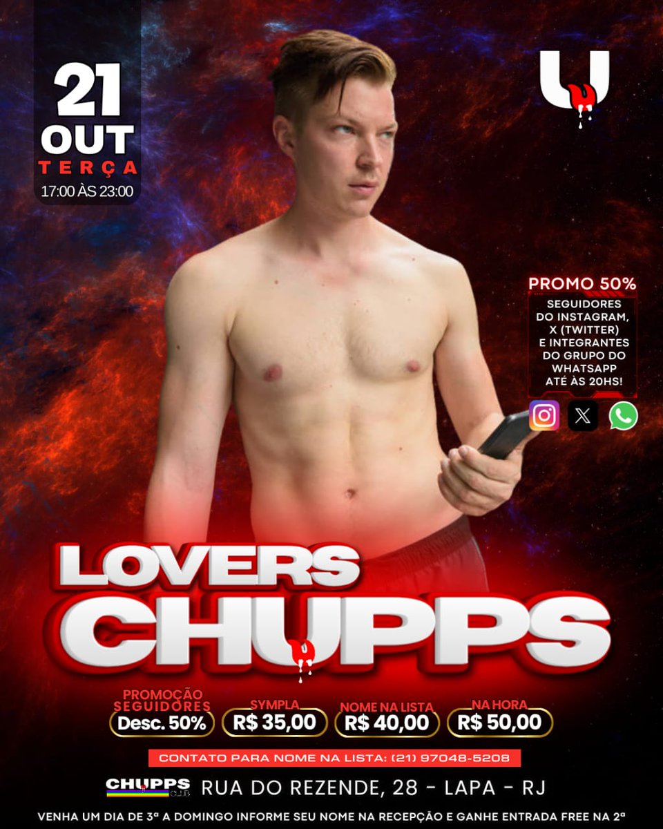 SORTEIO • FOTO OFICIAL 
Quer um vip pra Chupps hoje? 
Regras:
1- Dar RT neste post
2- Seguir este perfil <a href="/chuppsclub/">Chupps Club</a>
3- Informar nome completo e Identidade após sorteio

Serão DOIS sorteados para HOJE 21/10/2025
Resultado após às 14hs. Quem não seguir as regras estará eliminado!