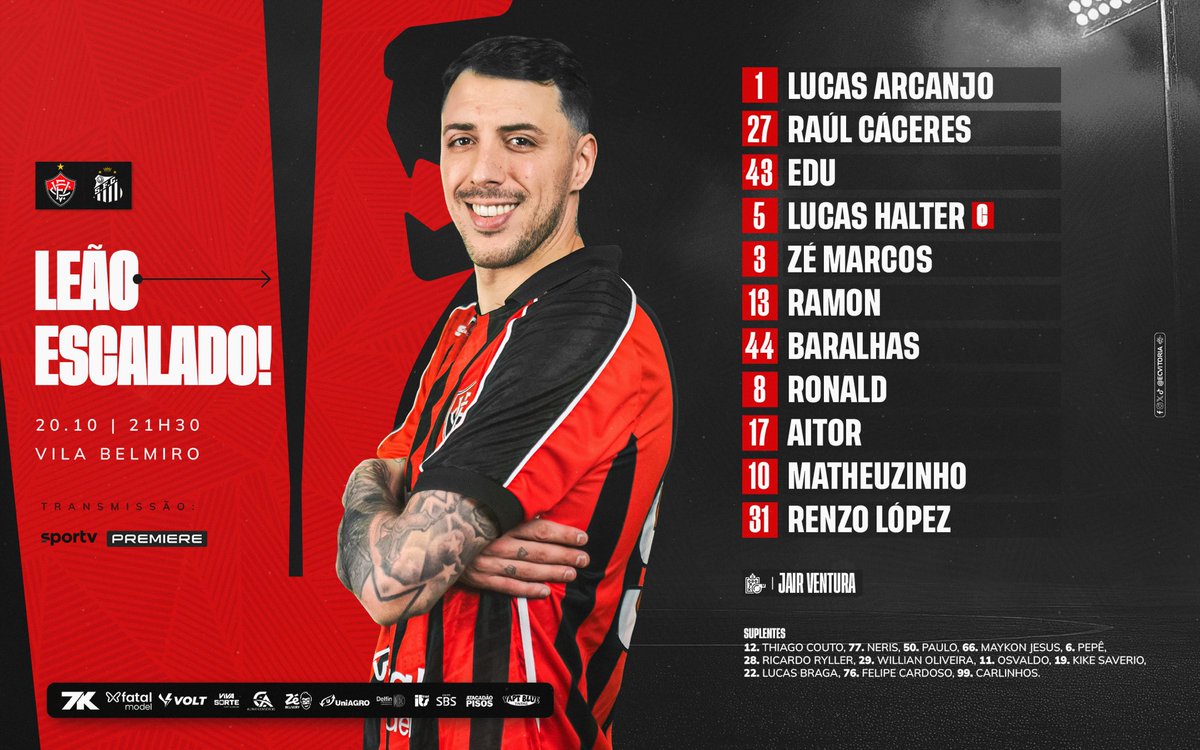 ECVitoria's tweet photo. Leão escalado! 🔴⚫️🦁
#PegaLeão #PorNossaHistória #Brasileirão2025 #JogaremosJuntos https://t.co/4YuOqrGXrp