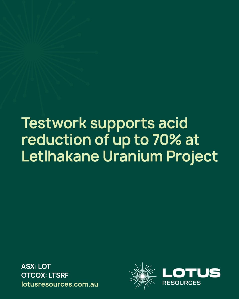 Lotus_Resources's tweet image. We&apos;re pleased to provide results from the latest metallurgical testwork program at our Letlhakane #Uranium Project in Botswana, which assessed and demonstrated the viability of a reduced acid flowsheet for uranium processing. Letlhakane is a large-scale development project,…
