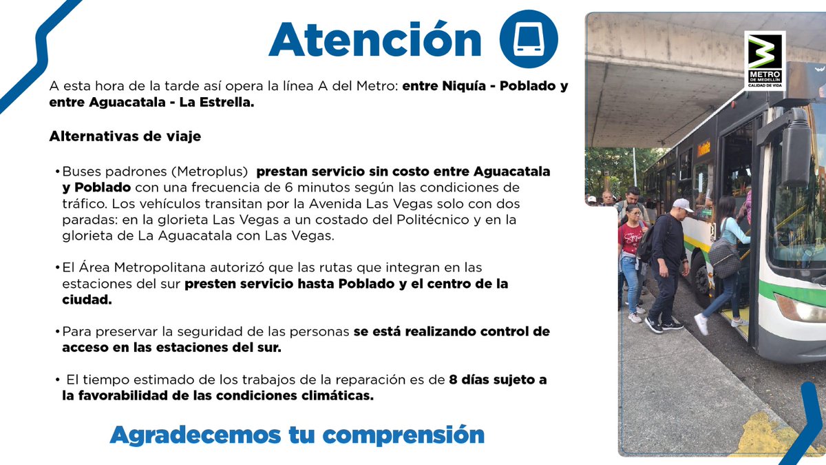 Desde <a href="/Areametropol/">Área Metropolitana del Valle de Aburrá</a> apoyamos al <a href="/metrodemedellin/">Metro de Medellín 💚 30 años #ALoMetro</a> 
Gracias a las labores de inspección se detectó oportunamente la falla y se activaron los protocolos de seguridad, evitando riesgos para la ciudadanía. Actuamos de manera preventiva y coordinada por la seguridad de todos.