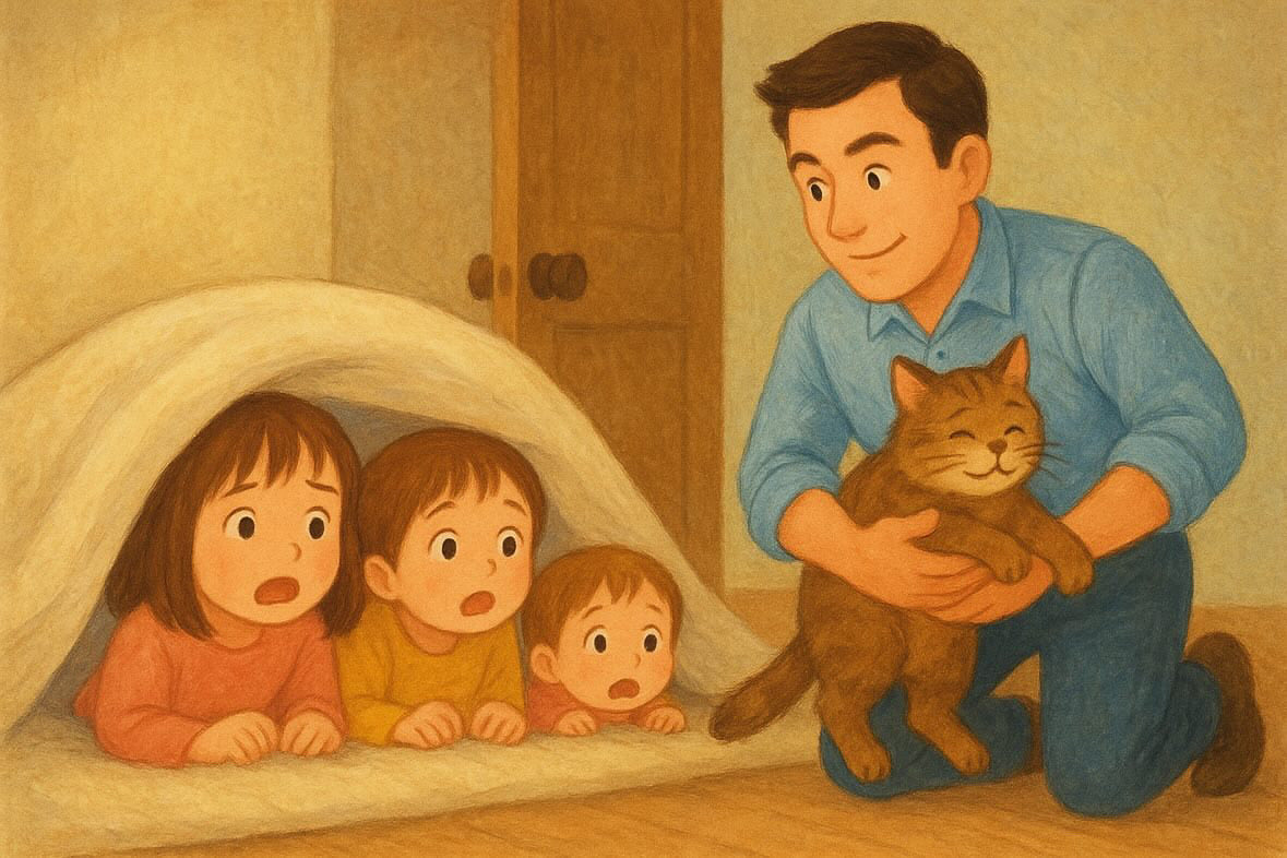 agezuma's tweet photo. No.21 まさこ

幼い三姉妹でお留守番をしていたら、いつも外で会う野良猫がどこからか入って来た！
『ねこー！！！』
見るのはいいけど、近くだと怖いよー！

怖くて怖くて3人で布団に隠れていたら
そこに出張に行っていたお父さんが帰って来た！
野良猫を外へ連れ出してくれて本当に安心しました。
ま https://t.co/4BsClaMw4G