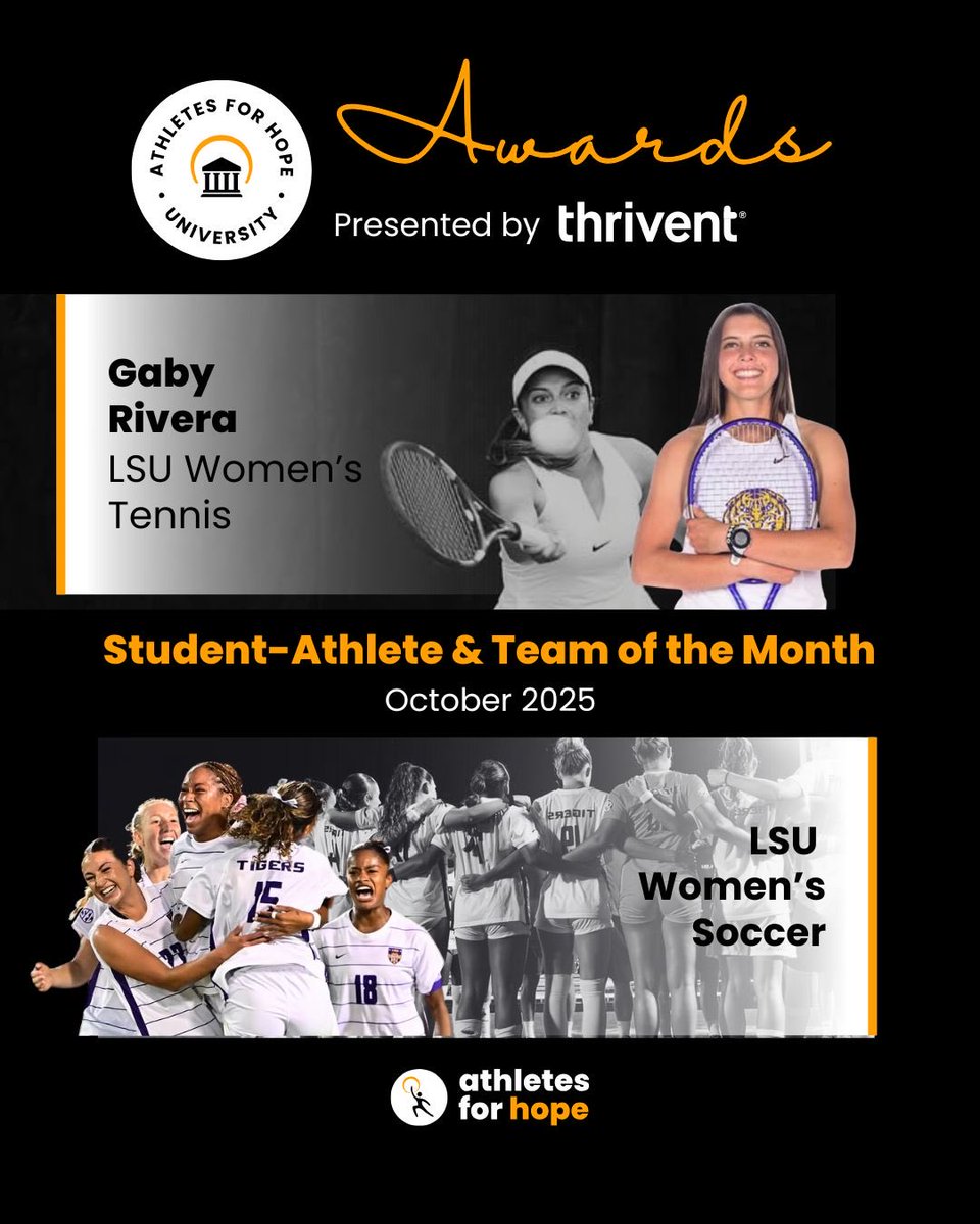 AthletesForHope's tweet photo. 🏆Congrats to our AFH U September standouts, presented by @Thrivent!

🏅 Team of the Month: LSU Women’s Soccer — leading with service on &amp; off the field.
🏅Student Athlete of the Month: Gaby Rivera, LSU Women’s Tennis — rallying teammates &amp; inspiring her community. https://t.co/nly94jUXiL