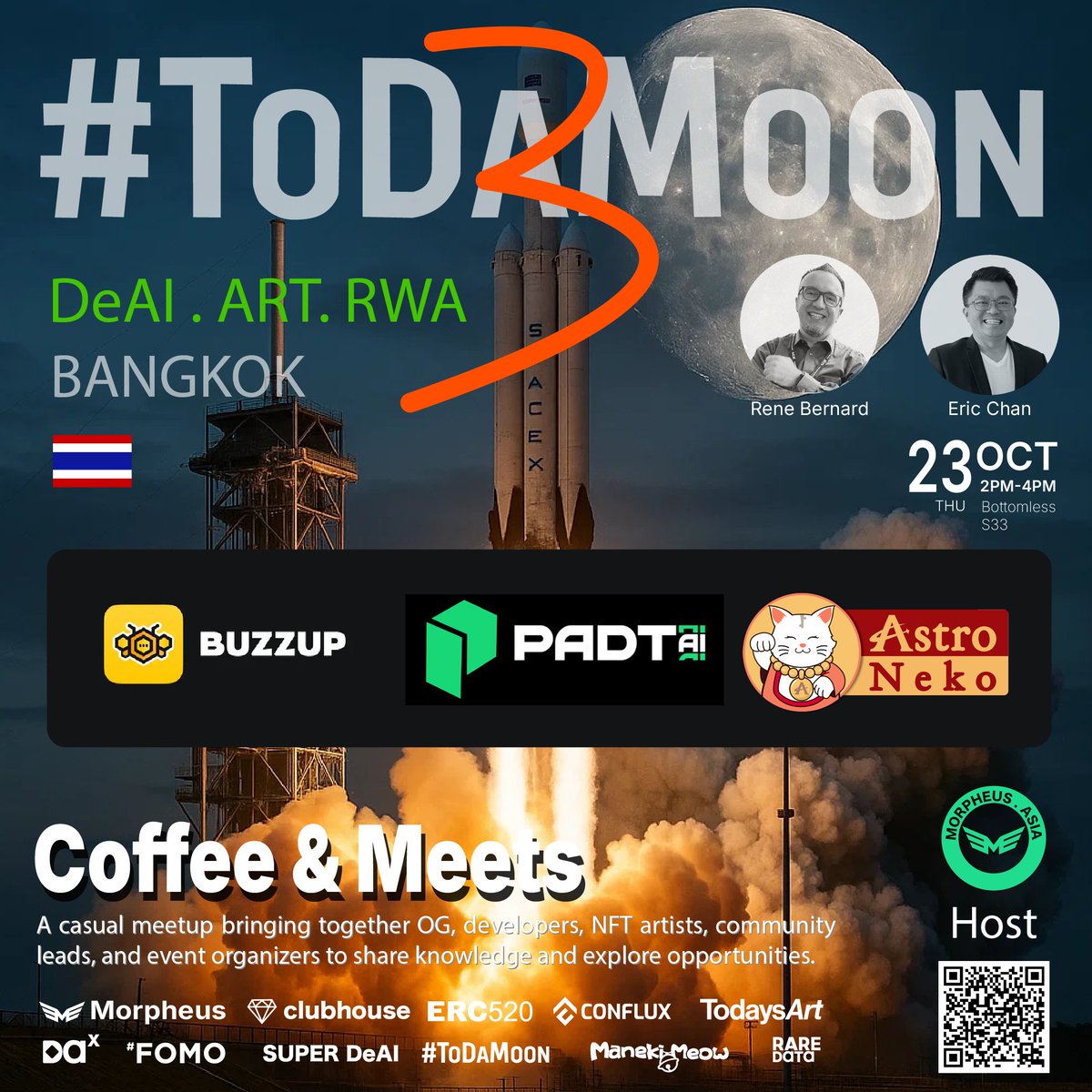 canmasu's tweet image. GM Bangkok! ☀️ #ToDaMoon is welcoming new communities to join the ride! 🚀

💬 @BuzzUpTH — Send messages and crypto to your friends.
💫 @padt_ai — Auto-copytrade top CT opinions with AI. Powered by @Hyperliquidx
🔮 @MasterAstroNeko — Astro intelligence meets on-chain events to…