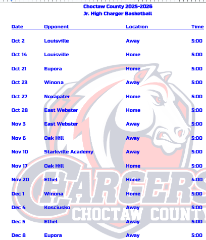 GoChargersBB's tweet photo. Choctaw County Chargers Jr. High Basketball Schedule is up.  We play Eupora tomorrow night at Home.  Boy's 7th and 8th grade will kick the evening off at 5:00 followed by the 7th and 8th grade girls. https://t.co/46V7sH6tKj