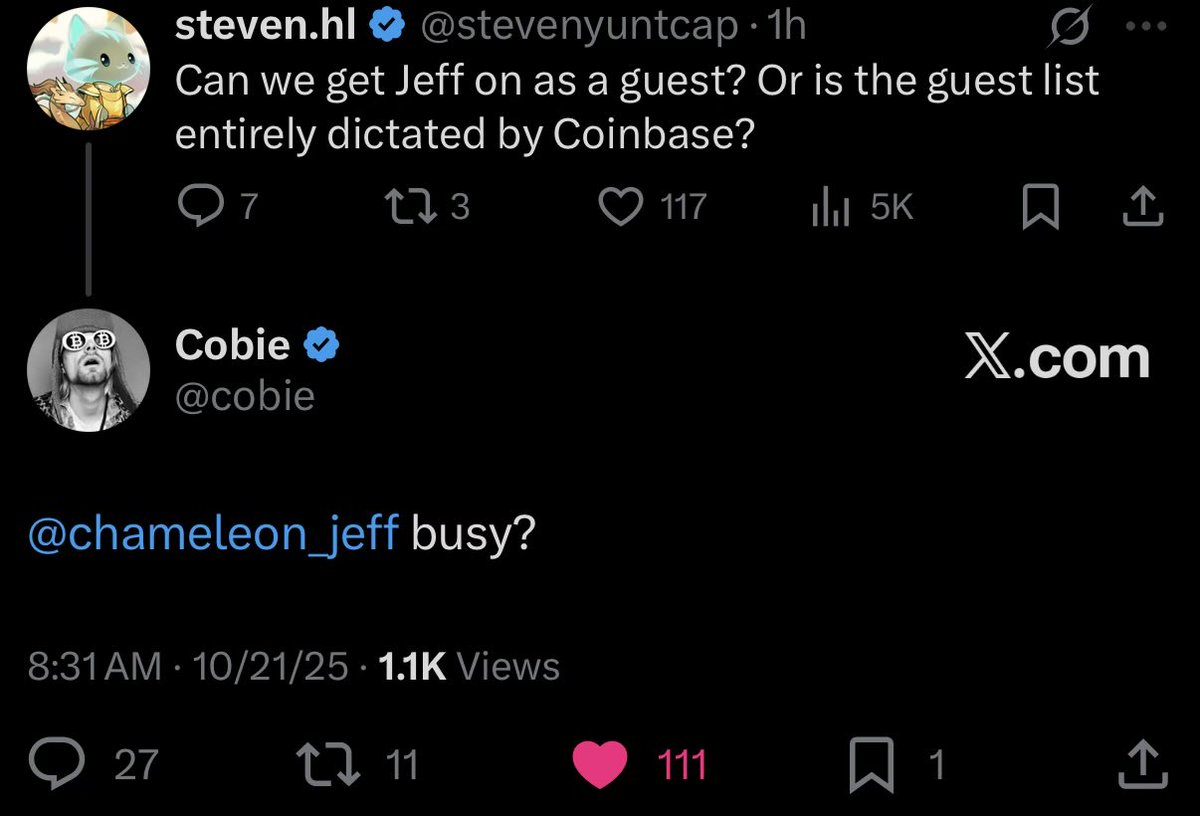 steven.hl (@stevenyuntcap) on Twitter photo In case you missed it, <a href="/brian_armstrong/">Brian Armstrong</a> and <a href="/coinbase/">Coinbase 🛡️</a> confirmed paying $25M to bring back 8 eps of <a href="/UpOnlyTV/">Up Only</a>.
If you are part of the crowd that sees guests joining the podcast as a top signal, you may want to sell your HYPE because <a href="/cobie/">Cobie</a> may be booking Jeff!
Hyperliquid In case you missed it, <a href="/brian_armstrong/">Brian Armstrong</a> and <a href="/coinbase/">Coinbase 🛡️</a> confirmed paying $25M to bring back 8 eps of <a href="/UpOnlyTV/">Up Only</a>.
If you are part of the crowd that sees guests joining the podcast as a top signal, you may want to sell your HYPE because <a href="/cobie/">Cobie</a> may be booking Jeff!
Hyperliquid