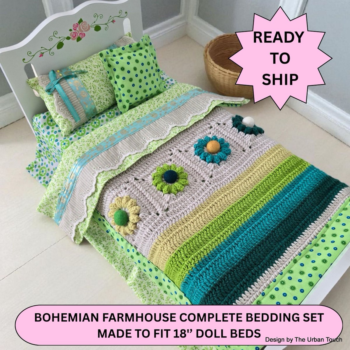 UrbanPetitBebe's tweet photo. Bohemian farmhouse complete bedding set for 18'' doll beds: 5 pieces set in green and blue https://t.co/wfPf7kjPny via @Etsy #americangirldoll #18inchdoll #dollbedding #christmas #dollblanket #trendybedding https://t.co/CY02RHSkgU
