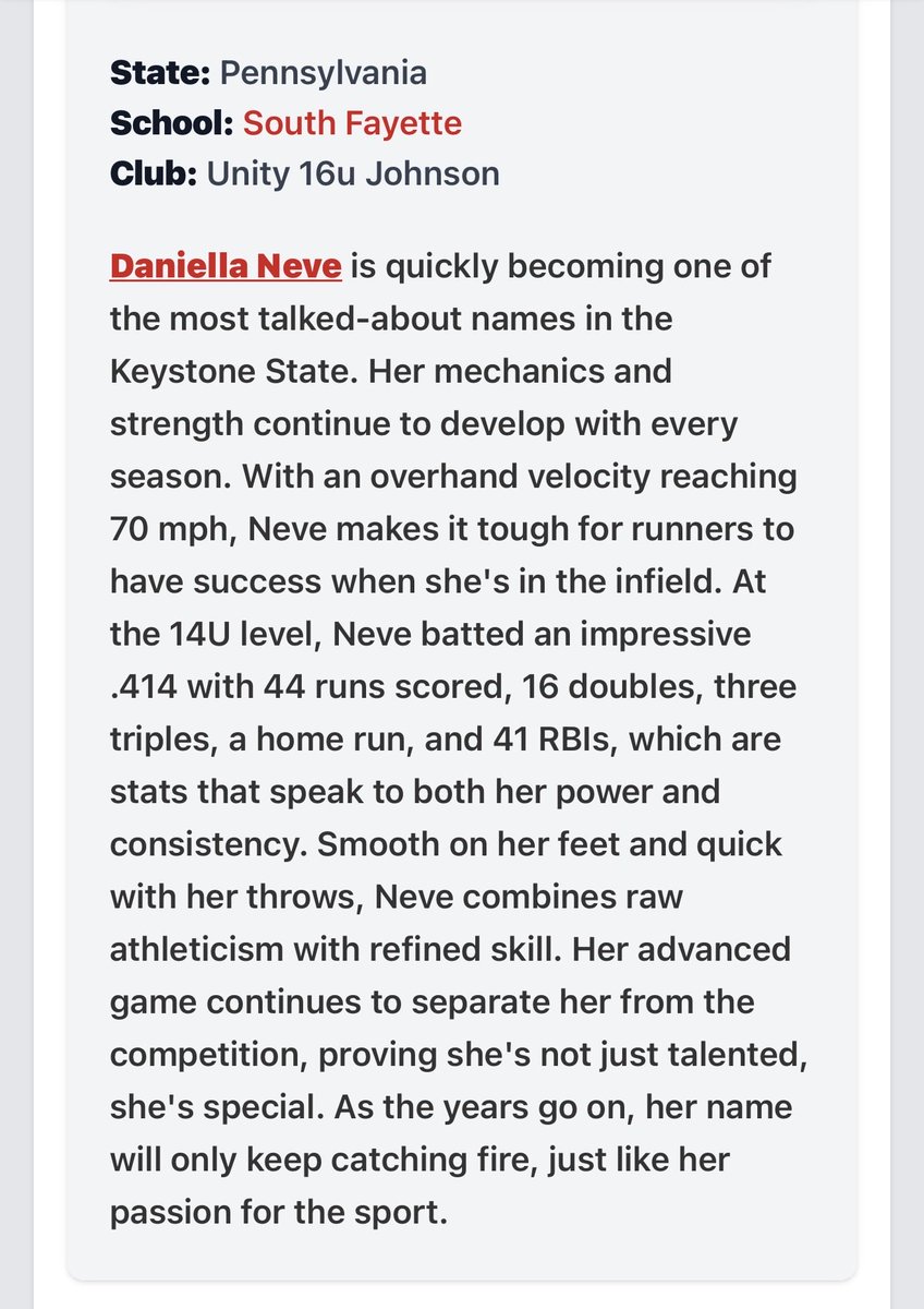 Thank you so much <a href="/PrepSoftball/">Prep Softball 🥎</a> <a href="/kaylie_newcomb/">Kaylie Newcomb</a> <a href="/KaylaLombardo11/">Kayla Lombardo</a> for the recognition and support. I love everything about this game !! 

<a href="/CoachNealPT/">Bryce Neal</a> <a href="/BethTorina/">Beth Torina</a> <a href="/UnityCoachJosh/">Josh Johnson</a> 
<a href="/mysha_sataraka/">Mysha Sataraka</a> <a href="/ABaggetta/">Adrianna Baggetta</a> <a href="/VAUnitySB/">Unity Softball</a> <a href="/coach_crowell/">Clarisa Crowell</a> <a href="/Tpleasants17/">Taylor Pleasants</a> 
<a href="/KateMalveaux/">Kate Malveaux</a> 
<a href="/PVSbaseball/">PVS Baseball</a>
