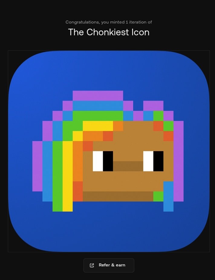Just minted my Chonkiest Icon  on <a href="/rainbowdotme/">Rainbow</a> wallet 

Currently around 0.0008ETH 

I'm pretty sure it's gonna cut towards $RNBW allo.

Keep those swaps, bridges and Mints on, you're building the colourful future 

It's available here highlight.xyz/mint/base:0xA1…