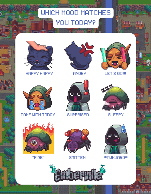 Which mood matches you today, Embers? 🤔 As our Community Manager, I personally am Sleepy and Smitten. 😴🥰 

If you want to see more of these cute little faces, join our Discord and check out the stickers and emojis! 💚 discord.gg/emberville 

#Emberville #indiegame #gamedev