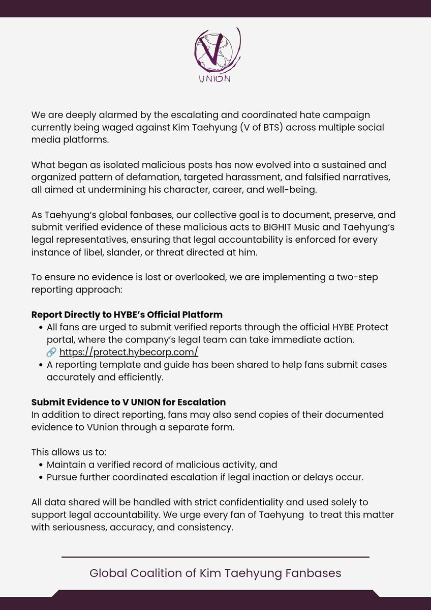 ‼️ Dikarenakan fitnah dan pencemaran nama baik terhadap Taehyung semakin meluas, fanbase Taehyung memperkuat sistem pelaporan yang terkoordinasi. Mohon baca dan ikuti panduan terbaru ini agar setiap tindakan jahat dapat didokumentasikan dan diverifikasi untuk keperluan hukum.