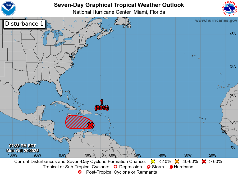 10/20 8pm EDT: The tropical wave over the #CaribbeanSea has a 90% chance of becoming a tropical depression or storm within 48 hours. While there is significant uncertainty in the eventual track &amp; intensity of the system, interests in Puerto Rico, Hispaniola, Jamaica, and Cuba
